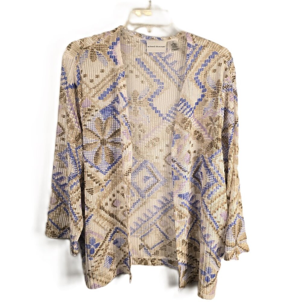 Alfred Dunner Open Summer Cardigan Womens XL Tan Blue Long Sleeve Geometric